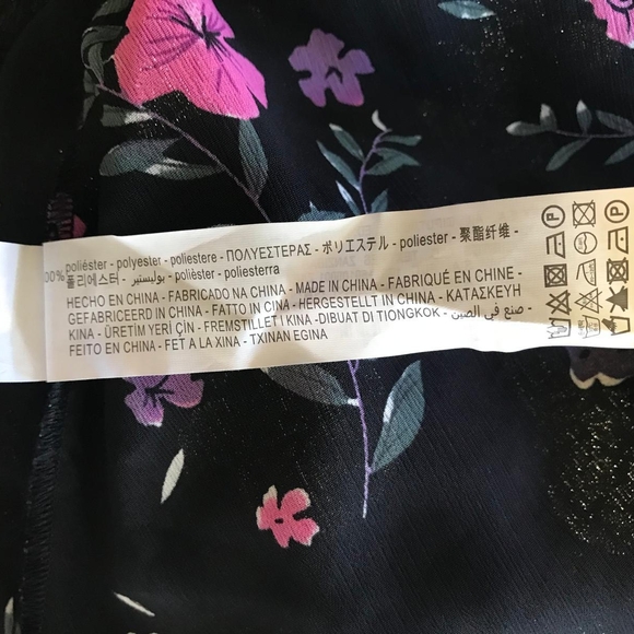 ZARA XL Black Gold Pink Floral Metallic Tie Neck Blouse Puff Sleeve Evening Top - Picture 8 of 8